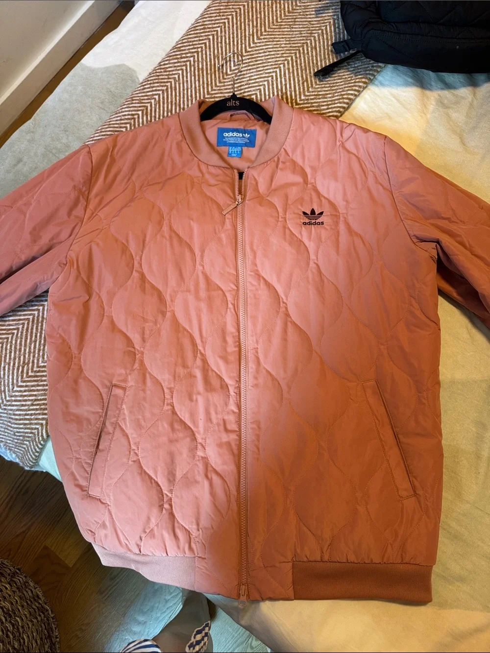 adidas Quilted Bomber Jacket in Baby Pink - Picture 1 of 7